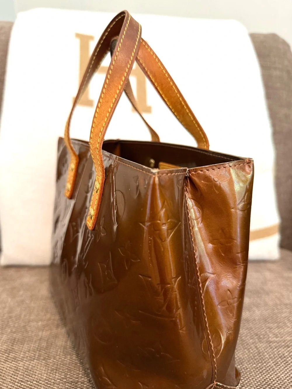Authentic Louis Vuitton Vernis Reade PM bronze small tote bag brown gold LV